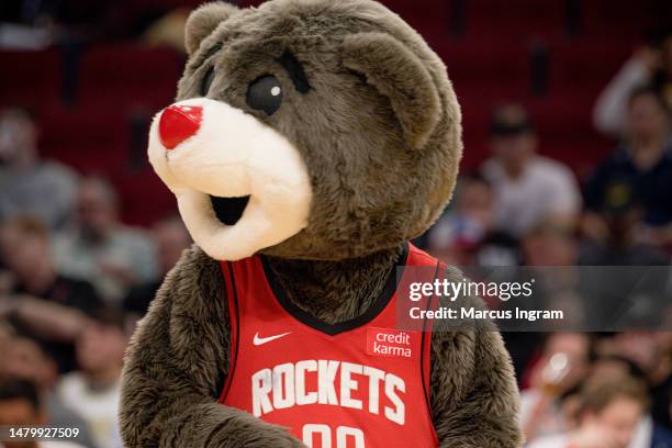 Houston Rockets mascot Clutch attends the Denver Nuggets vs Houston Rockets final home game at Toyota Center on April 04, 2023 in Houston, Texas.