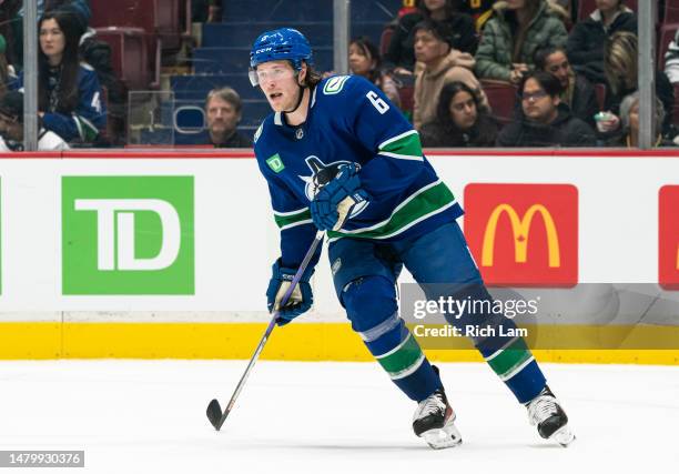 Brock Boeser of the Vancouver Canucks skates during NHL action against the Los Angeles Kings on April 2023 at Rogers Arena in Vancouver, British...