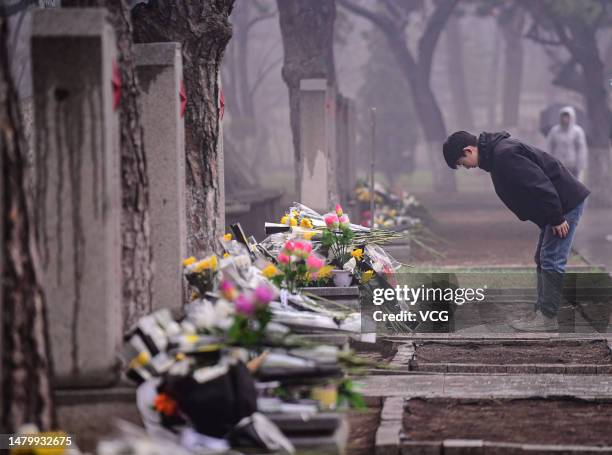 Citizen bows to pay tribute to martyrs at the Chinese People's Volunteers martyrs' cemetery during Qingming Festival, or Tomb-Sweeping Day on April...