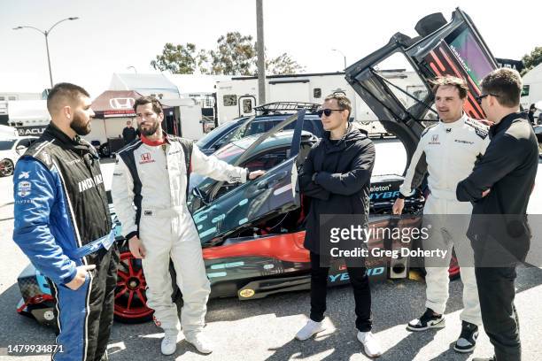 Maxime Crepeau, Adam Henrique, Alex Palou, Sam Carrick and Colin Braun attend the 2023 Acura Grand Prix Of Long Beach Press Day on April 04, 2023 in...