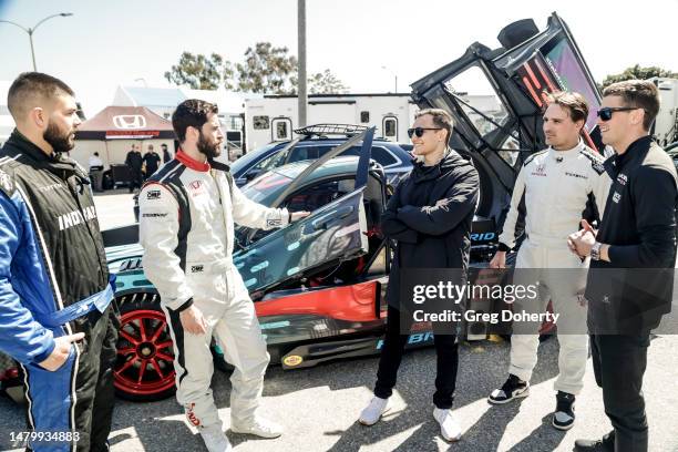 Maxime Crepeau, Adam Henrique, Alex Palou, Sam Carrick and Colin Braun attend the 2023 Acura Grand Prix Of Long Beach Press Day on April 04, 2023 in...