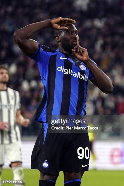 Romelu Lukaku of FC Internazionale celebrates his first goal on penalty during the match of Coppa Italia Semi Final between Juventus FC and FC...