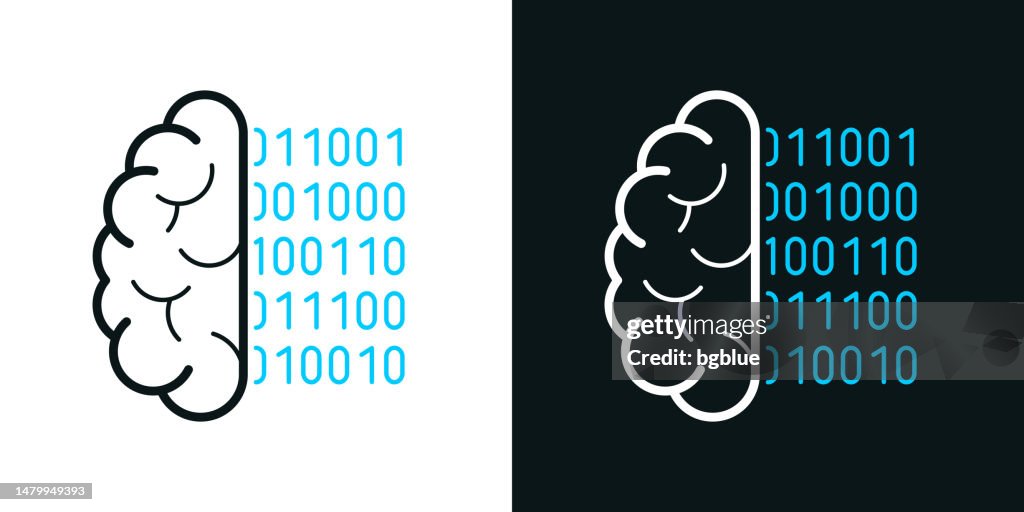 Gehirn mit Binärcode. Zweifarbiges Liniensymbol auf schwarzem oder weißem Hintergrund - Bearbeitbarer Strich