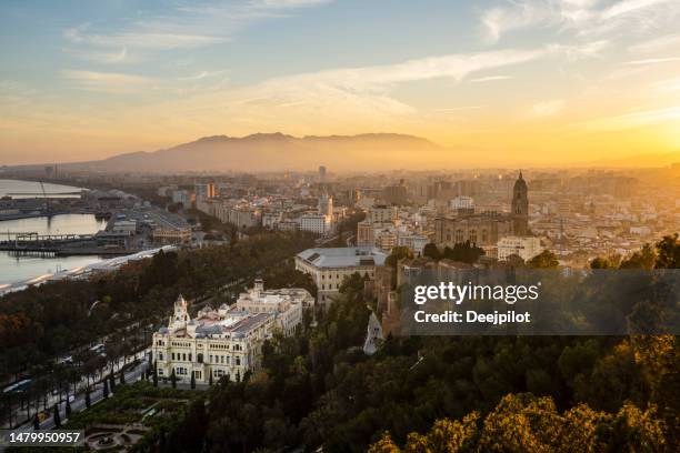 aerial view of the city of malaga at sunset, spain - alcazaba of málaga stock pictures, royalty-free photos & images