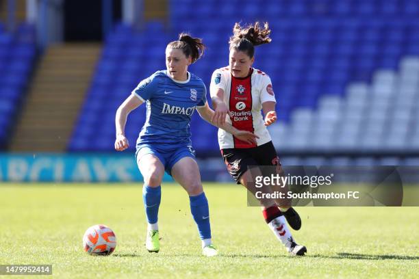 Megan Collett of Southampton FC battles for possession with Abbi Jenner of Birmingham City during the Barclays FA Women's Championship match between...