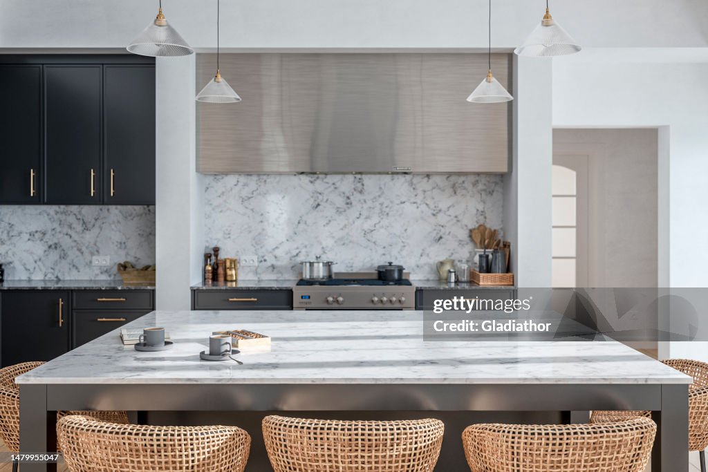 Large modern gray kitchen with rectangular white and gray marble breakfast kitchen island with rattan stools