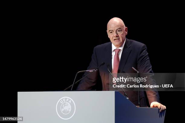 President Gianni Infantino speaks during the 47th UEFA Ordinary Congress meeting on April 05, 2023 in Lisbon, Portugal.