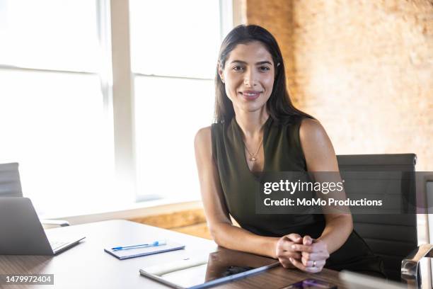 portrait of businesswoman in modern conference room - sleeveless dress stock pictures, royalty-free photos & images