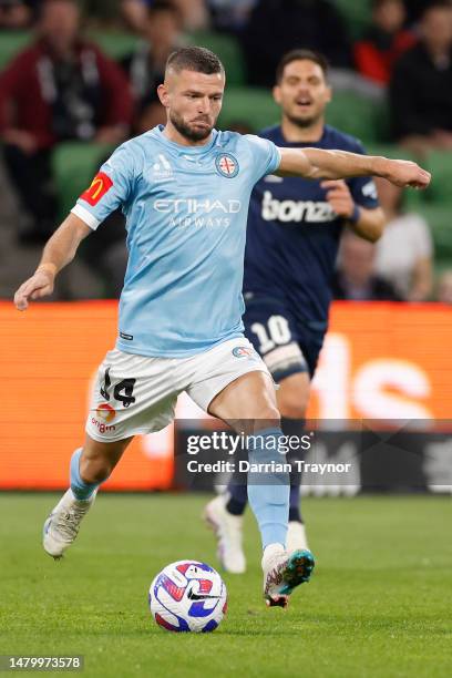 Valon Berisha of Melbourne City kicks the ball during the round eight A-League Men's match between Melbourne City and Melbourne Victory at AAMI Park,...