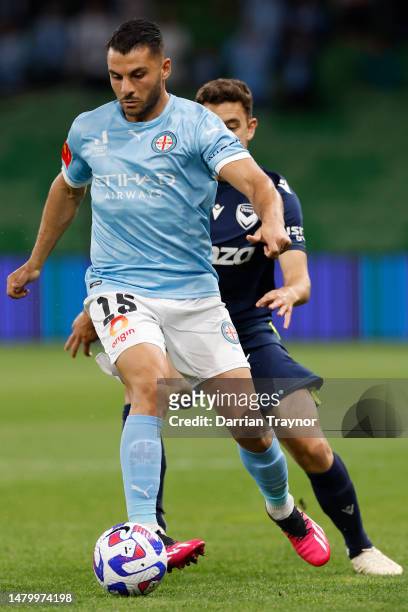 Andrew Nabbout of Melbourne City controls the ball during the round eight A-League Men's match between Melbourne City and Melbourne Victory at AAMI...