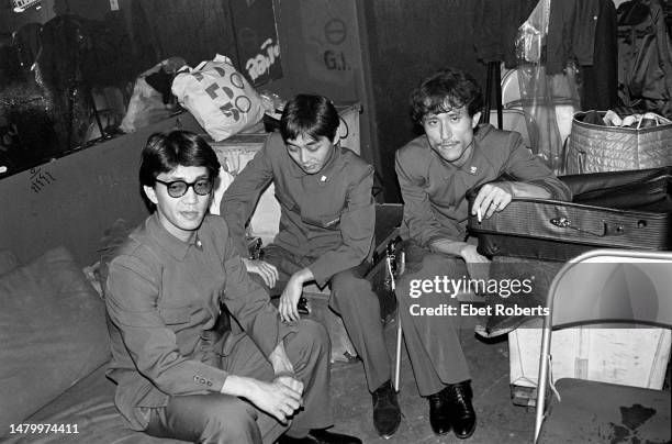 Left to right: Ryuichi Sakamoto , Haruomi Hosono and Yukihiro Takahashi of Japanese electronic music band, Yellow Magic Orchestra, backstage at...