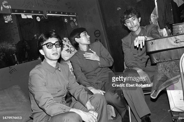 Left to right: Ryuichi Sakamoto , Haruomi Hosono and Yukihiro Takahashi of Japanese electronic music band, Yellow Magic Orchestra, backstage at...