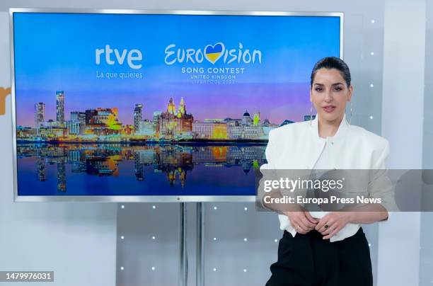 Singer Ruth Lorenzo poses after a press junket about Eurovision 2023, in Torrespaña, on April 5 in Madrid, Spain. One of the main novelties of the...