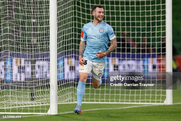 Aiden O'Neill of Melbourne City celebrates a goal during the round eight A-League Men's match between Melbourne City and Melbourne Victory at AAMI...