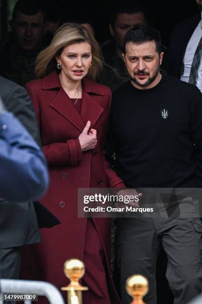 Ukraine’s President, Volodymyr Zelenskyy and First Lady of Ukraine Olena Zelenska exit Bristol Hotel as they move towards the Presidential Palace on...