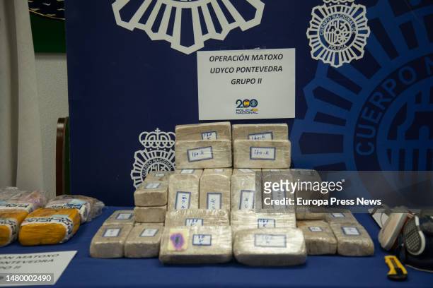 The drug seized by the National Police in operation 'Matoxo', at the Pontevedra police station, on April 5 in Pontevedra, Galicia, Spain. Two people...