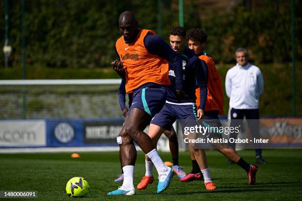 Romelu Lukaku of FC Internazionale in action during the FC Internazionale training session at the club's training ground Suning Training Center on...