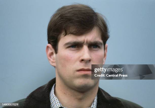 British Royal Prince Andrew, wearing a waxed jacket over a checked shirt, attends the Badminton Horse Trials, held in the grounds of Badminton House,...