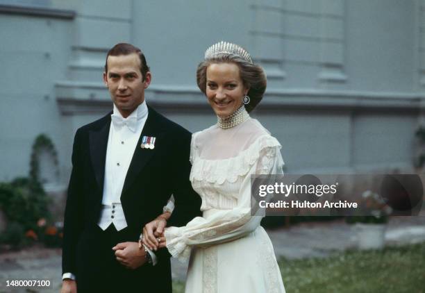 British Royal Prince Michael of Kent and his bride, German nobility Princess Michael of Kent pose outside the British Embassy in Vienna, Austria,...