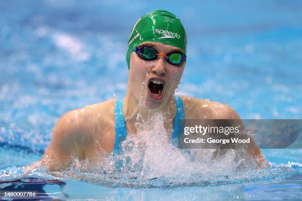 Sophie Payne of Swansea University competes in the Women 200m Breaststroke heats on Day Two of the British Swimming Championships 2023 at Ponds Forge...