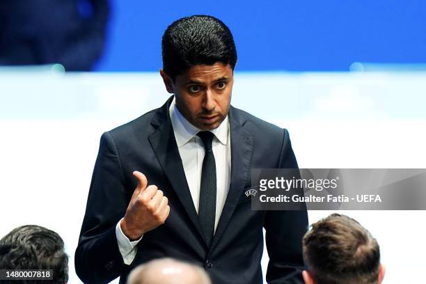 Nasser Al-Khelaifi, President of Paris Saint-Germain speaks with guests during the 47th UEFA Ordinary Congress meeting on April 05, 2023 in Lisbon,...