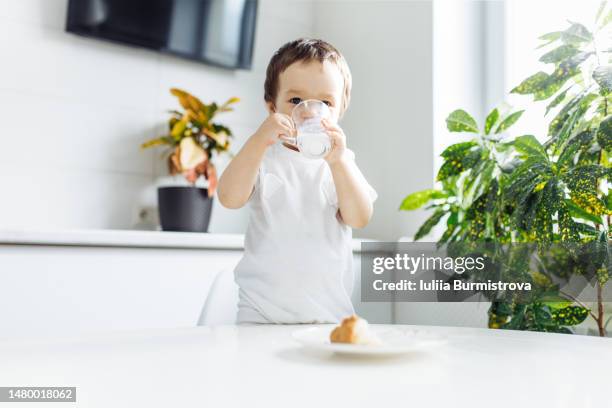 little baby girl drinking milk with sweet pie in white bright domestic kitchen - baby cup fotografías e imágenes de stock