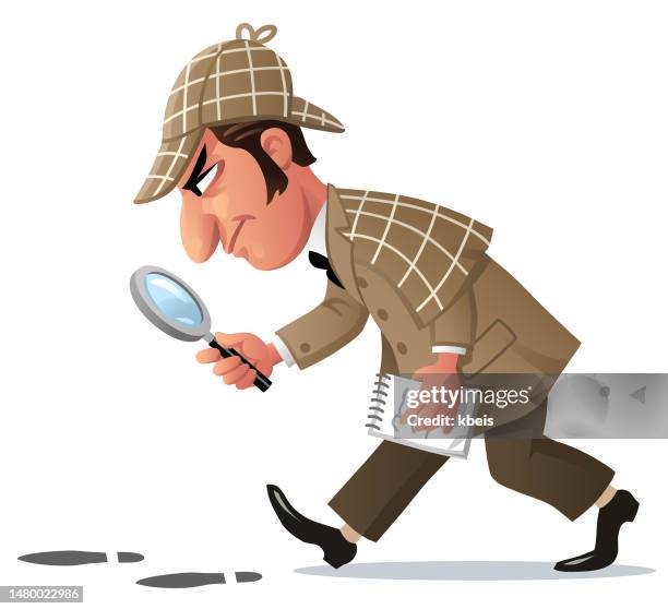 detective with magnifying glass following footprints - sherlock holmes stock illustrations