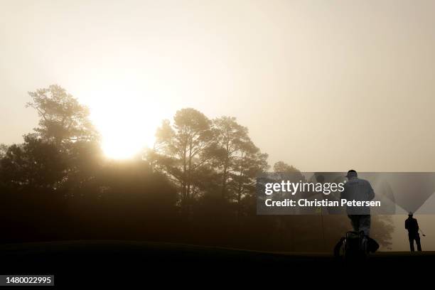 Alex Noren of Sweden looks over the first green during a practice round prior to the 2023 Masters Tournament at Augusta National Golf Club on April...