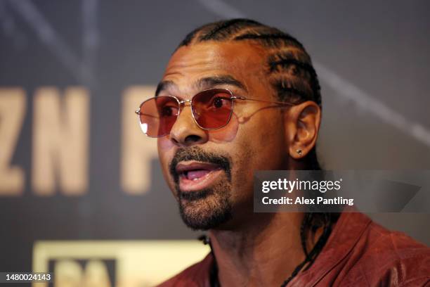 David Haye speaks during a press conference ahead of the fight between KSI and Joe Fournier at Glaziers Hall on April 05, 2023 in London, England....