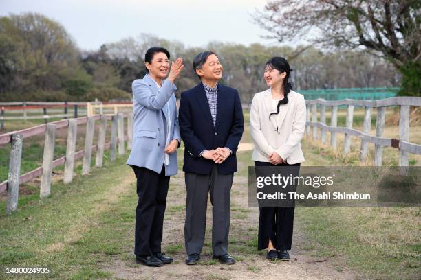 Emperor Naruhito , Empress Masako and Princess Aiko stroll at the Imperial Stock Farm on April 5, 2023 in Takanezawa, Tochigi, Japan.