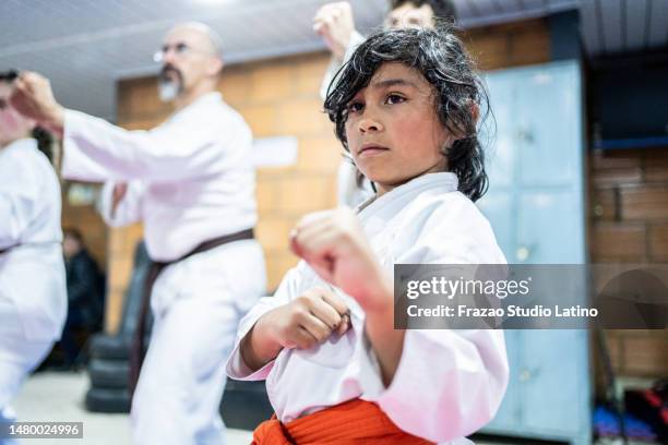 child boy practicing during a karate class - alpha males stock pictures, royalty-free photos & images