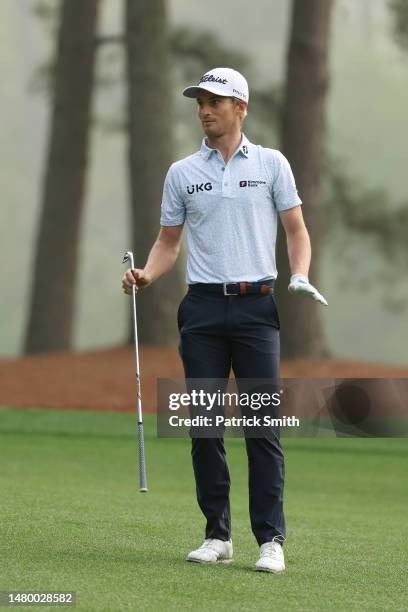Will Zalatoris of the United States plays a shot on the 11th hole during a practice round prior to the 2023 Masters Tournament at Augusta National...