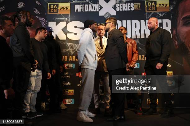 Joe Fournier and KSI pose face off during a press conference ahead of the fight between KSI and Joe Fournier at Glaziers Hall on April 05, 2023 in...