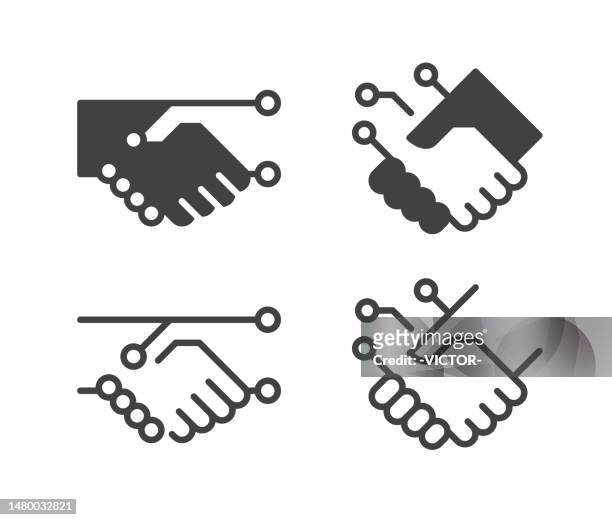 artificial intelligence and humans - handshake - illustration icons - robot and human hand stock illustrations
