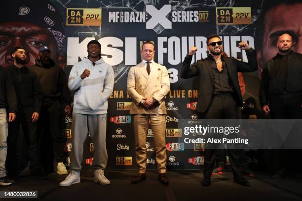 Promoter Kalle Sauerland and Joe Fournier pose for a photo during a press conference ahead of the fight between KSI and Joe Fournier at Glaziers Hall...