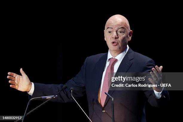 President Gianni Infantino speaks during the 47th UEFA Ordinary Congress meeting on April 05, 2023 in Lisbon, Portugal.