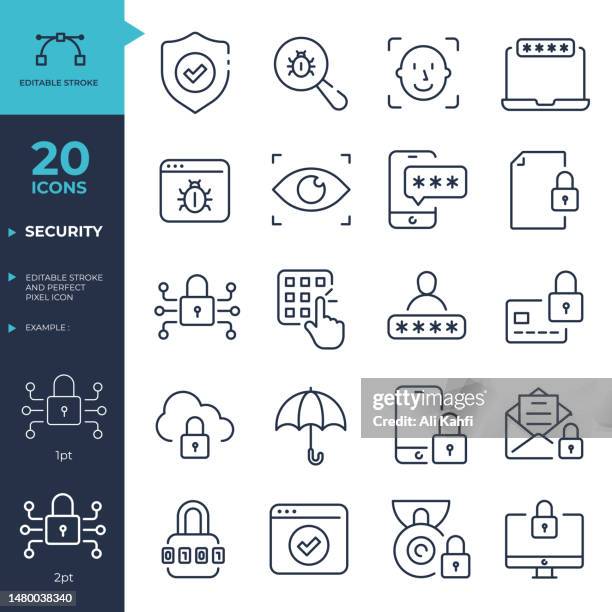 ilustraciones, imágenes clip art, dibujos animados e iconos de stock de iconos de seguridad establecidos. trazo editable, colección perfecta de iconos de línea fina de píxeles. ilustración vectorial. utilizable para sitios web, materiales de marketing, diseño, logotipo, aplicación, plantilla, interfaz de usuario, interfa - ransomware