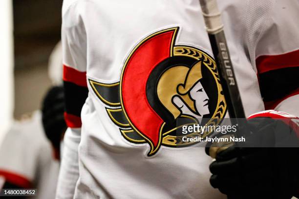 Ottawa Senators logo prior to the second period the game against the Carolina Hurricanes at PNC Arena on April 04, 2023 in Raleigh, North Carolina ***