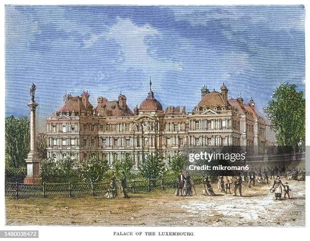 old engraved illustration of the luxembourg palace, paris, france - royal residence of the regent marie de' medici, mother of king louis xiii - frans koninklijk huis stockfoto's en -beelden