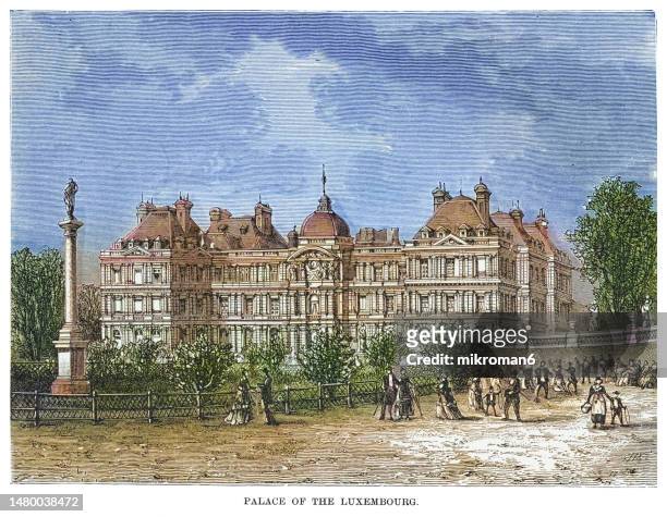 old engraved illustration of the luxembourg palace, paris, france - royal residence of the regent marie de' medici, mother of king louis xiii - french royalty stock pictures, royalty-free photos & images
