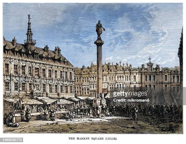 old engraved illustration of the market square of lille (l'île [“the island”] until the 18th century) a city in the northern part of france, in french flanders on the river deûle - lille stock pictures, royalty-free photos & images