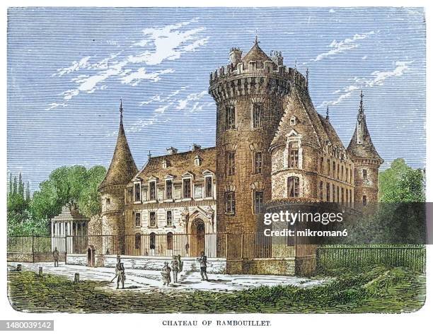 old engraved illustration of the château de rambouillet or castle of rambouillet, a château in the town of rambouillet, yvelines department, in the île-de-france region in northern france, 50 km southwest of paris - yvelines stock pictures, royalty-free photos & images