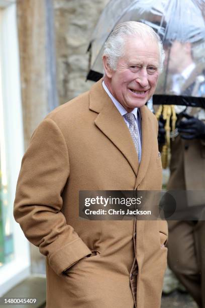 King Charles III visits the Talbot Yard food court on April 05, 2023 in Malton, England. The King and Queen Consort are visiting Yorkshire to meet...