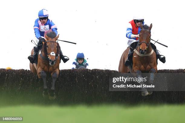 Ben Godfrey riding My Rockstar clears the second last from Paul O'Brien riding Hard Frost on his way to winning the Chard Novices' Handicap Steeple...