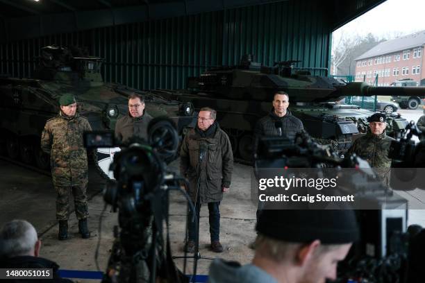 German Defence Minister Boris Pistorius during a Press briefing at the Panzertruppenschule ) in Munster, Lower Saxony, Germany on February 20, 2023....