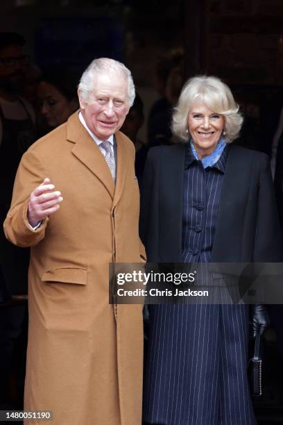 King Charles III and Camilla, Queen Consort visit the Talbot Yard food court on April 05, 2023 in Malton, England. The King and Queen Consort are...