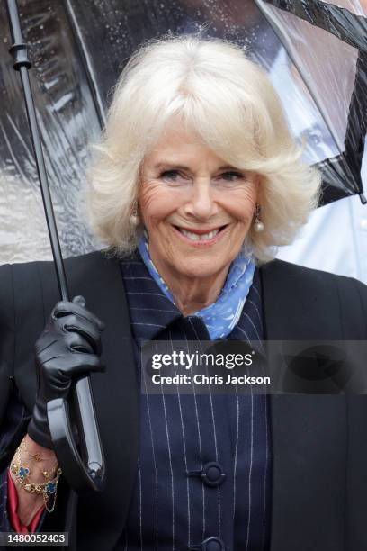 Camilla, Queen Consort visits the Talbot Yard food court on April 05, 2023 in Malton, England. The King and Queen Consort are visiting Yorkshire to...