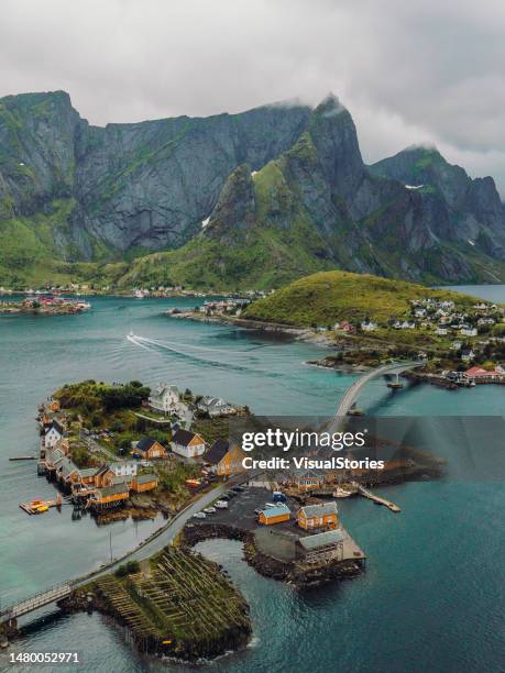 aerial view of scenic summer landscape of lofoten islands, norway - lofoten en vesterålen stockfoto's en -beelden