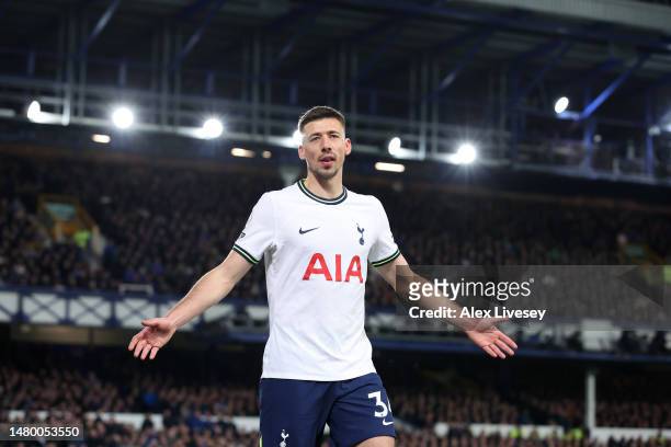 Clement Lenglet of Tottenham Hotspur looks on during the Premier League match between Everton FC and Tottenham Hotspur at Goodison Park on April 03,...