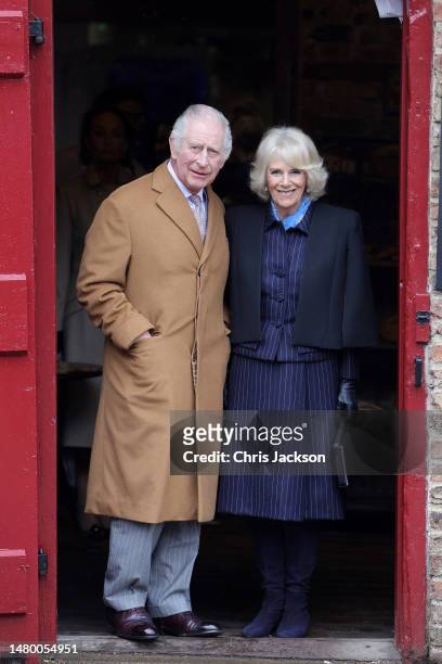 King Charles III and Camilla, Queen Consort visit the Talbot Yard food court on April 05, 2023 in Malton, England. The King and Queen Consort are...